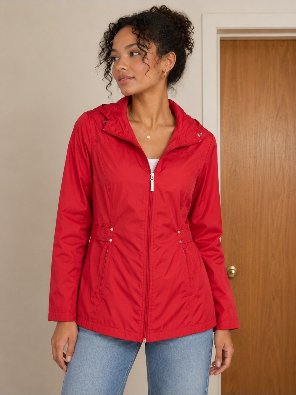 Jones New York Red Hooded Lightweight Zip Up Jacket Women’s Size: Small